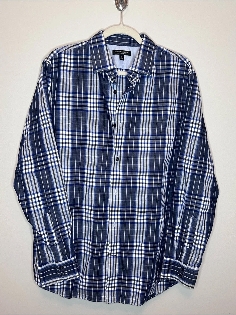 Banana Republic Men's Navy and White Plaid Non-Iron Slim Dress Shirt